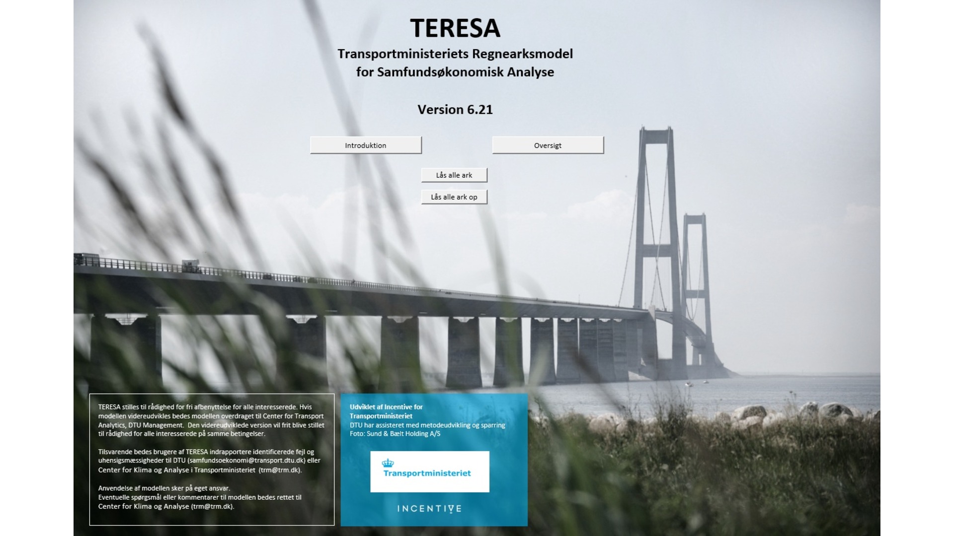 Teresa's frontpage image showing a picture of Denmark's "Storebæltsbroen" along with a model of TERESA
