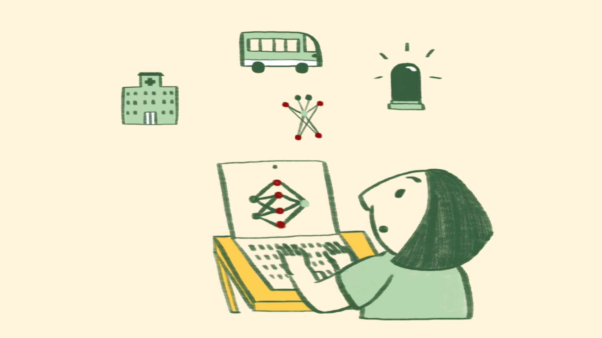 A person with their hands on a laptop keyboard is looking at something happening over their screen with a worried expression. They are white, have shoulder length dark hair and wear a green t-shirt. The overall image is illustrated in a warm, sketchy, cartoon style.  Floating in front of the person are three small green illustrations representing different industries, which is what they are looking at.  On the left is a hospital building, in the middle is a bus, and on the right is a siren with small lines coming off it to indicate that it is flashing or making noise.  Between the person and the images representing industries is a small character representing artificial intelligence made of lines and circles in green and red (like nodes and edges on a graph) who is standing with its ‘arms’ and ‘legs’ stretched out, and two antenna sticking up.  A similar patten of nodes and edges is on the laptop screen in front of the person, as though the character has jumped out of their screen.  The overall image makes it look as though the person is worried the AI character might approach and interfere with one of the industry icons. 
